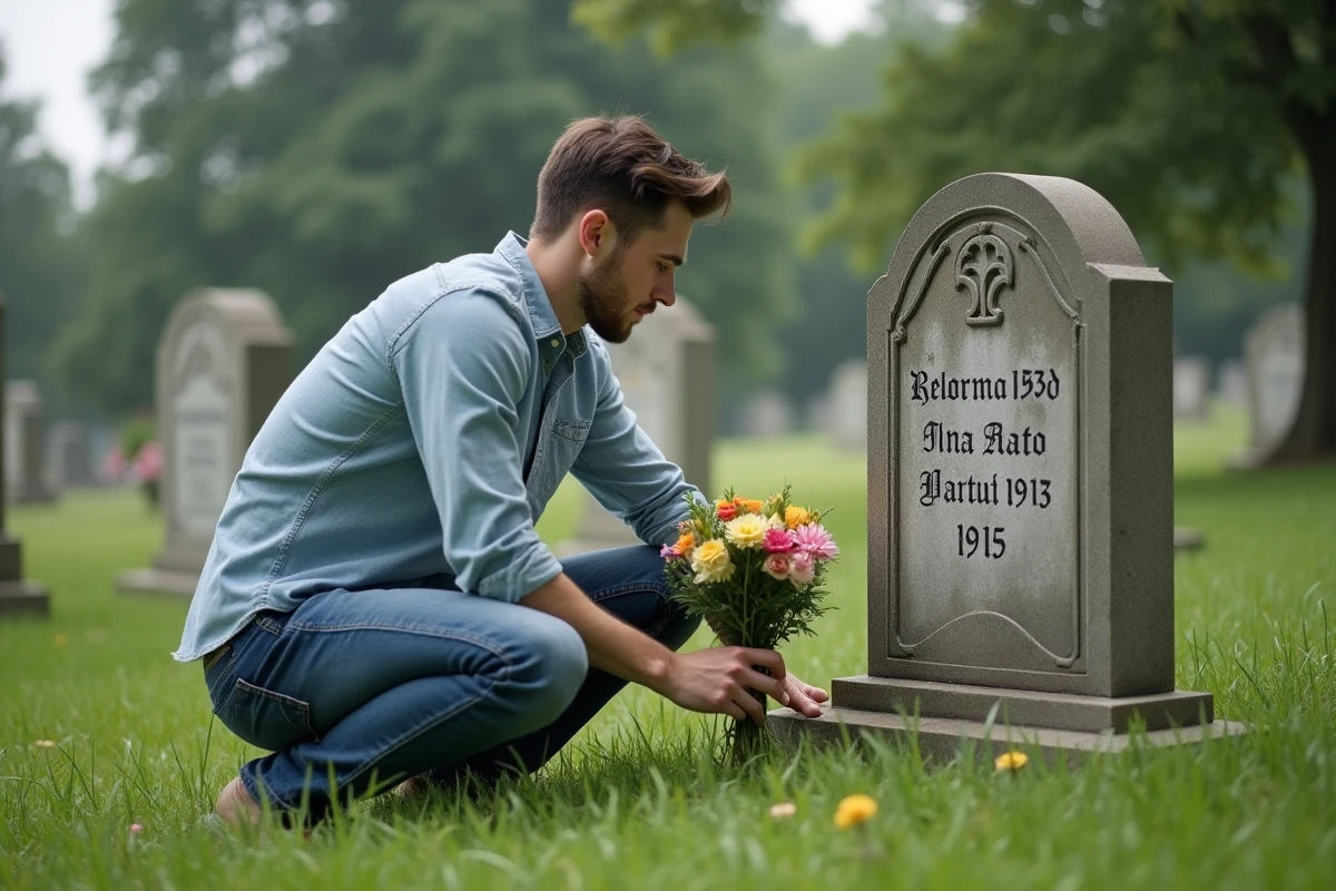 Jeune homme déposé des fleurs sur une tombe