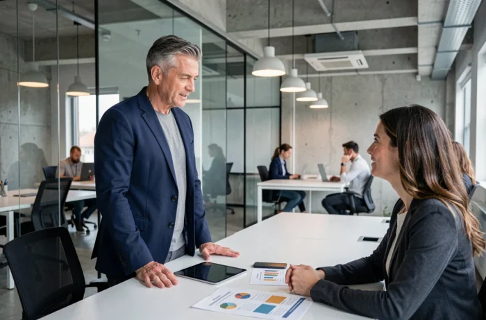 Homme d'affaires discutant de son choix de formation professionnelle avec un conseiller en carrière dans un espace coworking moderne