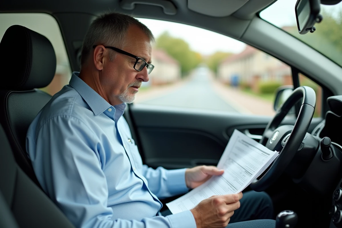 Homme concentré vérifiant des questions de permis dans une voiture