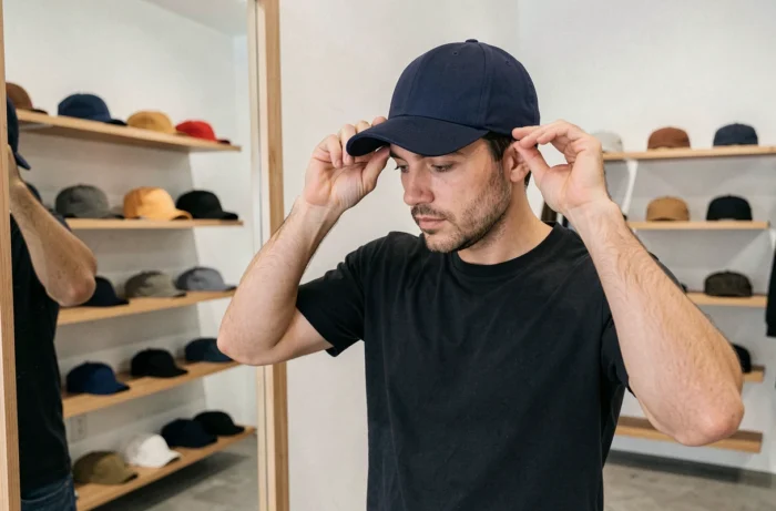 Homme essayant une casquette devant un miroir dans une boutique de mode masculine pour trouver la taille idéale
