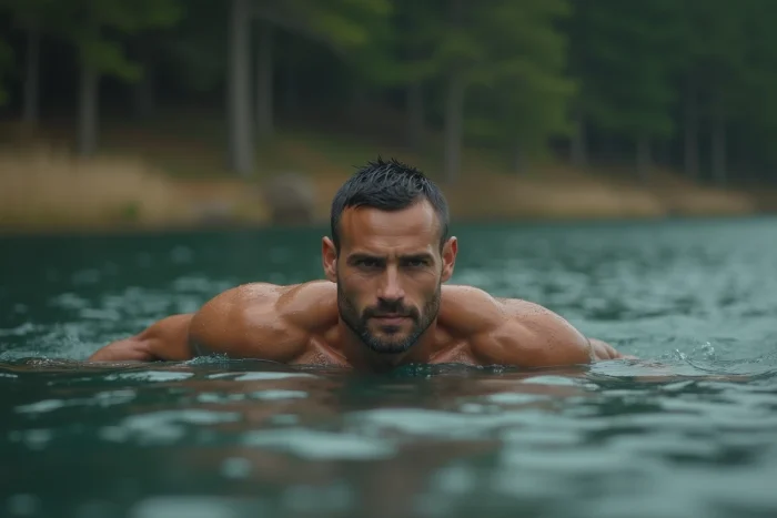 Homme tentant de flotter sur la surface d'un lac naturel en plein air