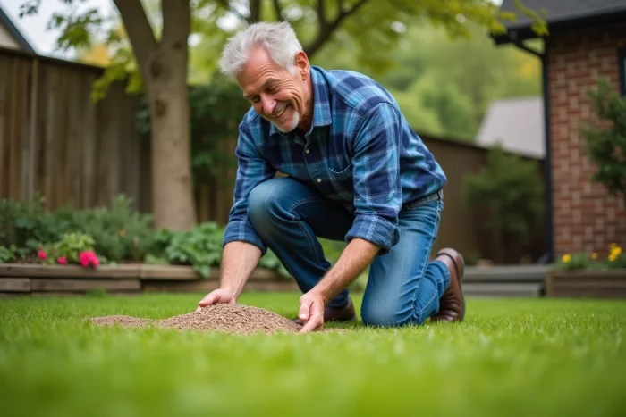 Homme en flanelle bleue fertilisant son jardin verdoyant