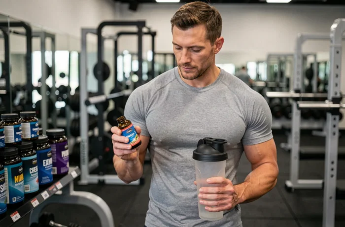Homme musclé tenant une bouteille d'huile de poisson oméga-3 et un shaker dans une salle de sport professionnelle pour optimiser la récupération musculaire
