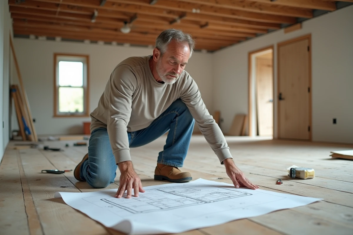 Homme en jeans révisant un plan de rénovation sur un sol en bois