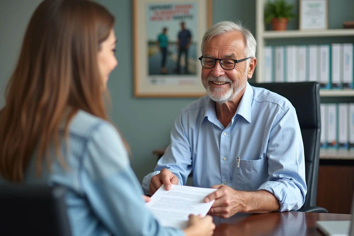 Homme âgé remettant un formulaire à une assistante sociale