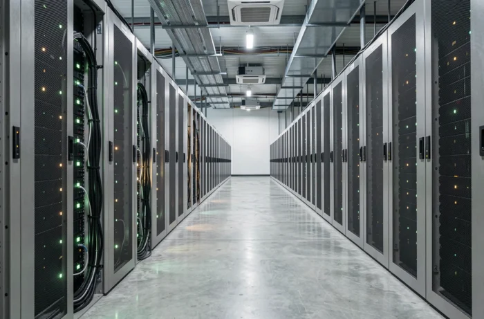 Rangée de serveurs dans un centre de données professionnel illustrant l'infrastructure d'hébergement web