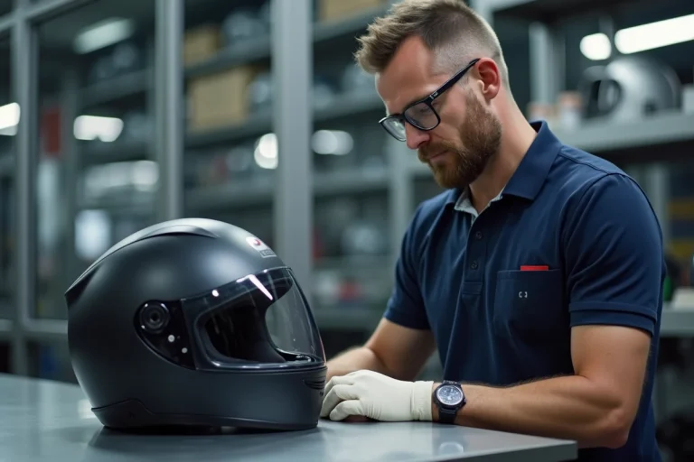 Ingénieur vérifiant un casque moto dans une usine moderne