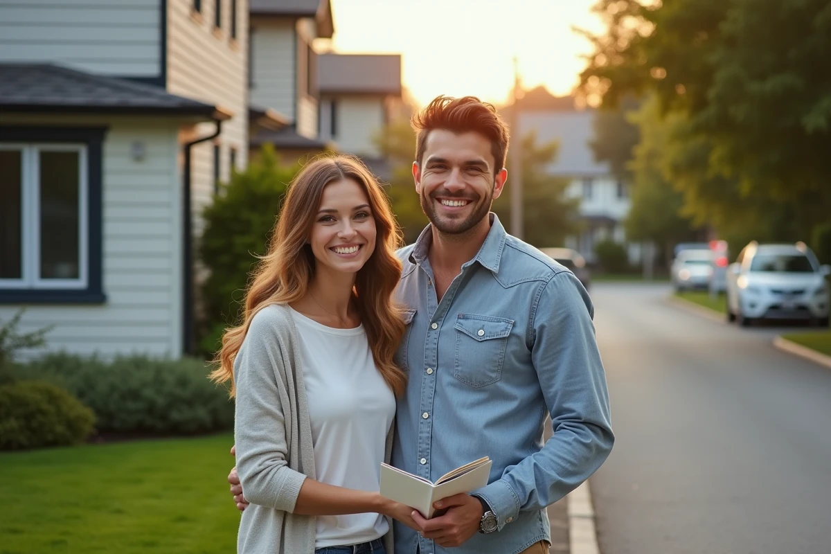 Jeune couple souriant devant une maison à vendre dans un quartier résidentiel