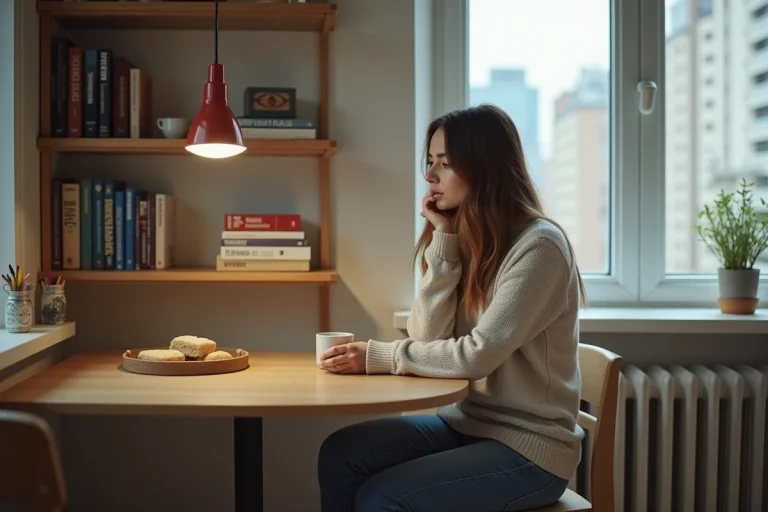 Jeune femme en appartement urbain moderne et lumineux