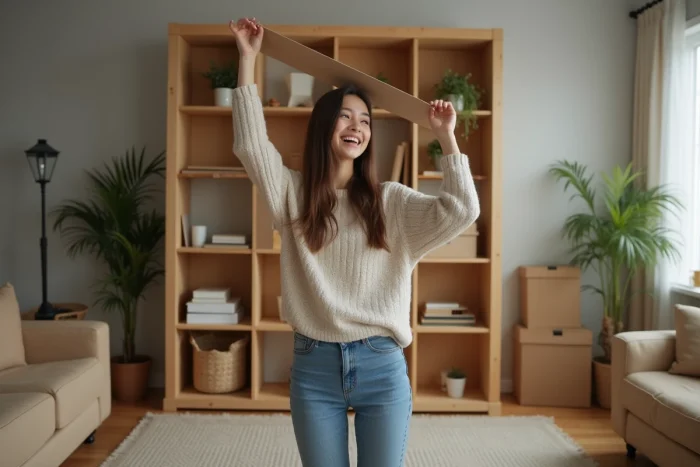 Jeune femme souriante assemble un meuble en bois dans un salon chaleureux