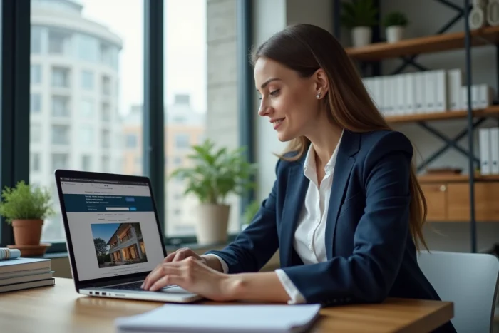 Jeune femme au bureau regardant un site immobilier