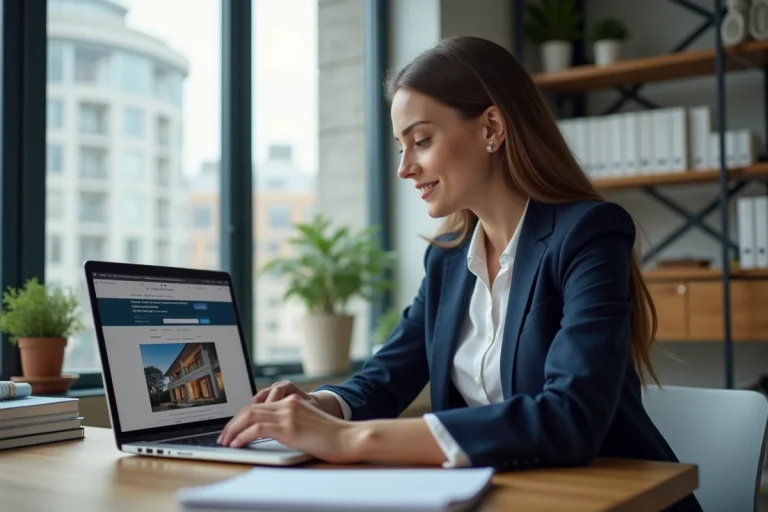 Jeune femme au bureau regardant un site immobilier