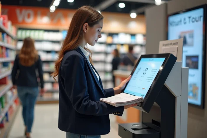 Jeune femme arrangeant des documents dans un Auchan