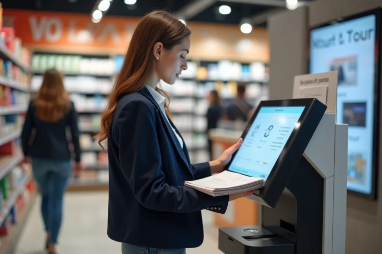 Jeune femme arrangeant des documents dans un Auchan