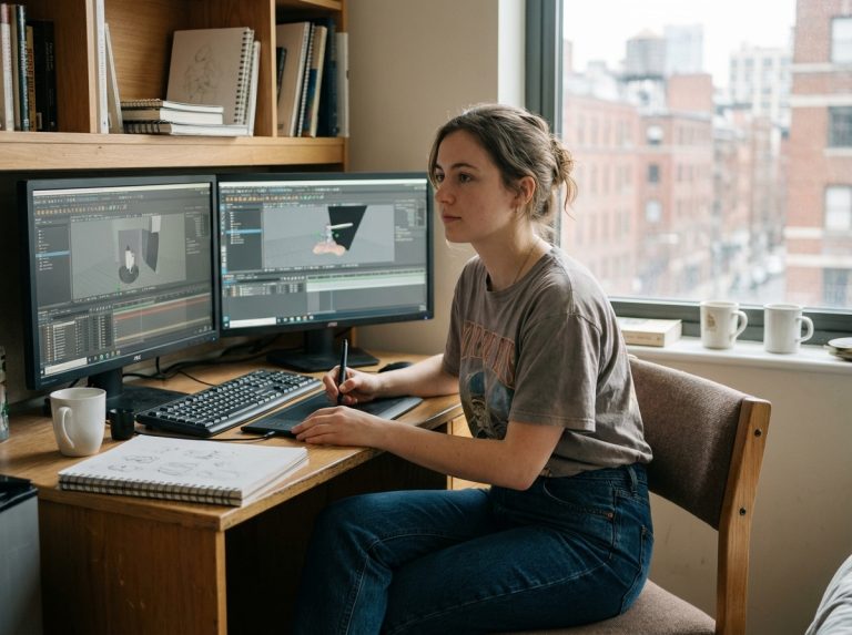 Jeune femme concentrée devant ses écrans en animation 3D