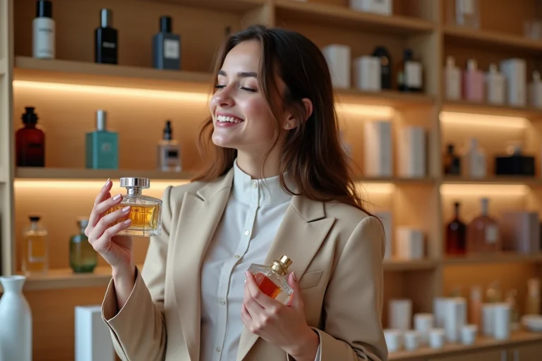 Jeune femme souriante compare des parfums dans une boutique