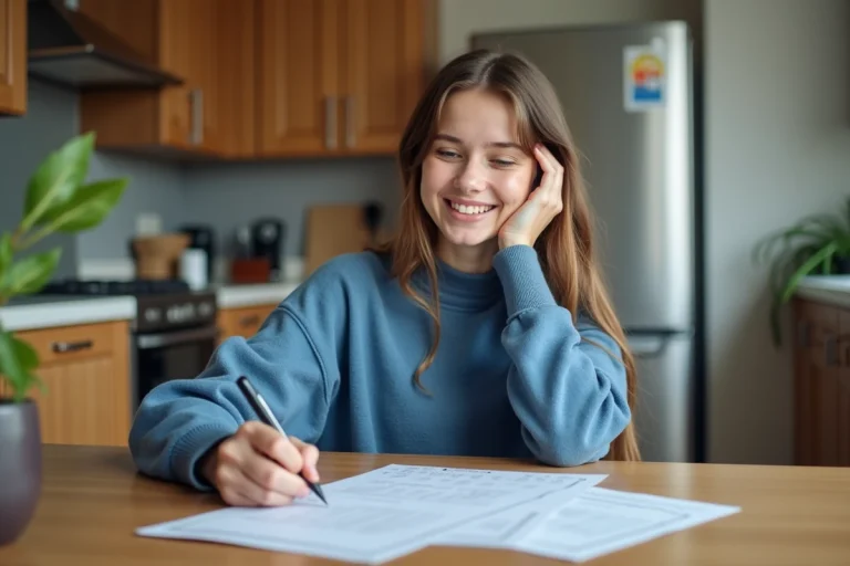 Jeune femme souriante faisant un test de conduite à la maison