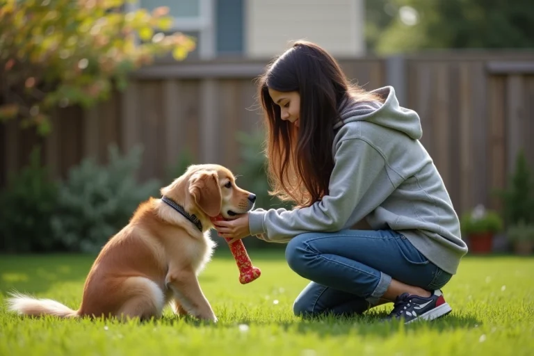 Jeune fille de 15 ans avec chien dans jardin verdoyant
