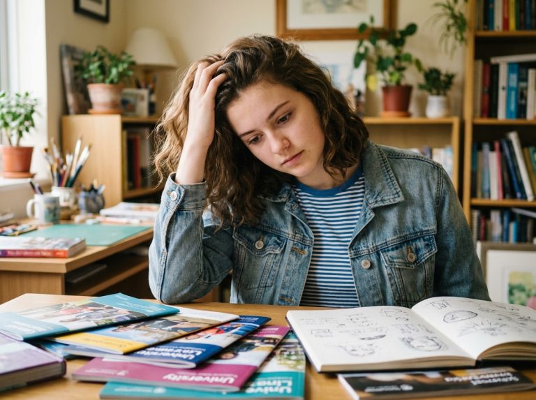 Jeune fille pensant devant des brochures d'écoles d'art