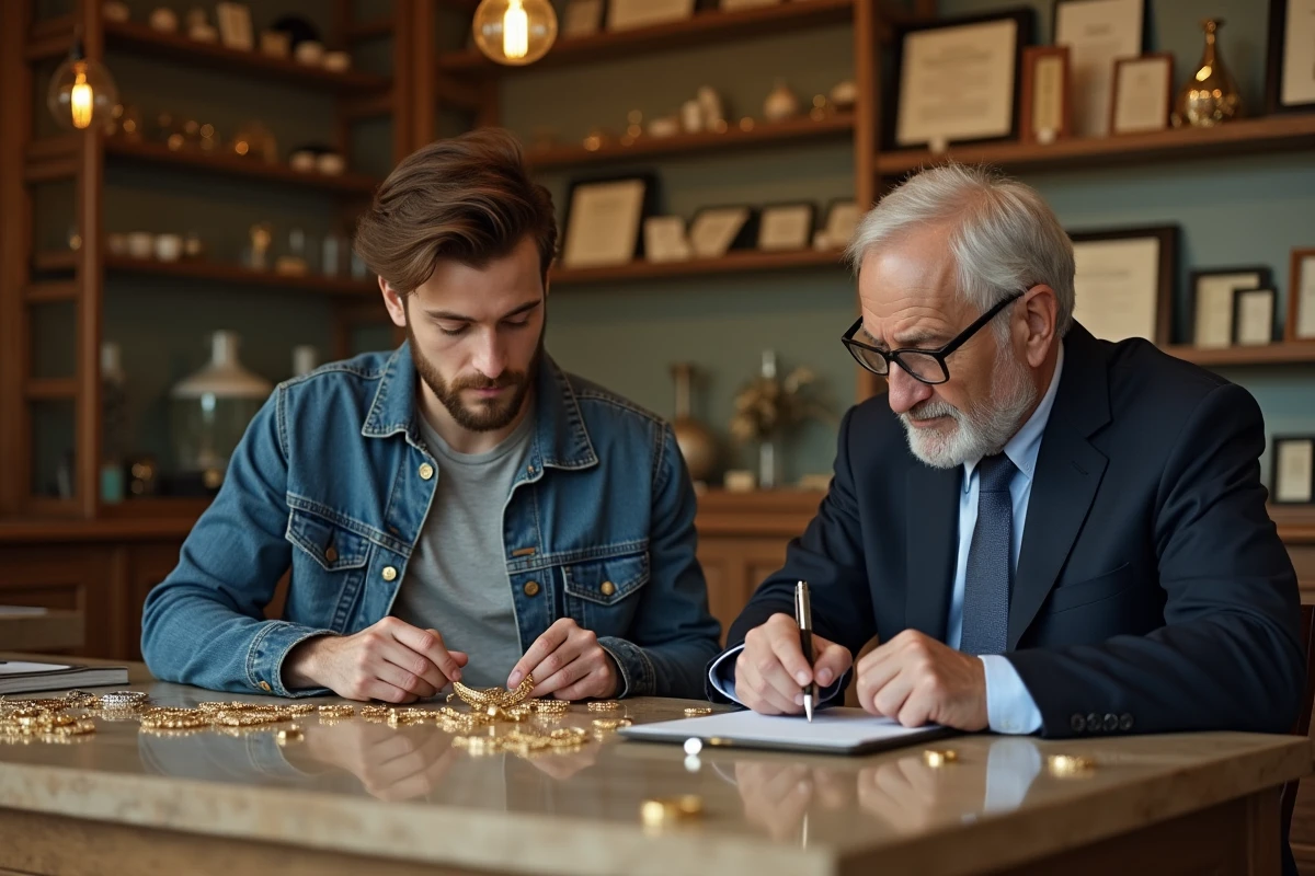 Jeune homme examinant un bracelet en or avec un expert en bijouterie