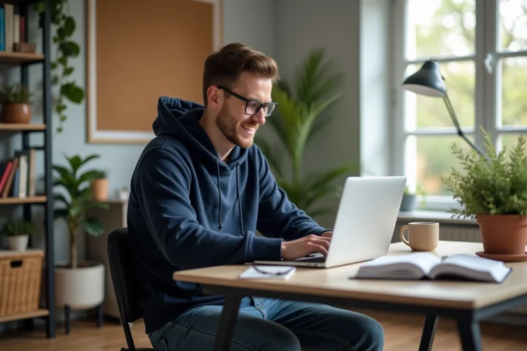 Jeune homme en hoodie assis à son bureau avec un ordinateur