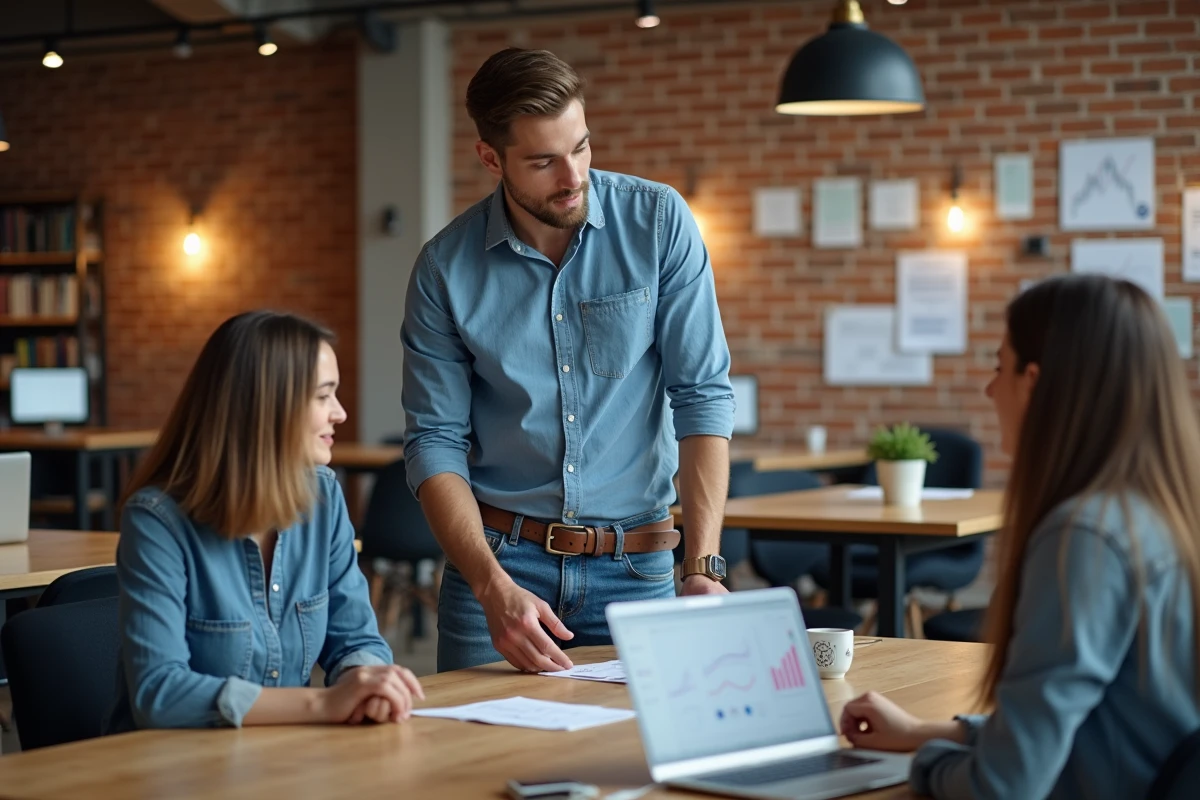 Jeune homme collaborant avec collègues dans un espace de coworking