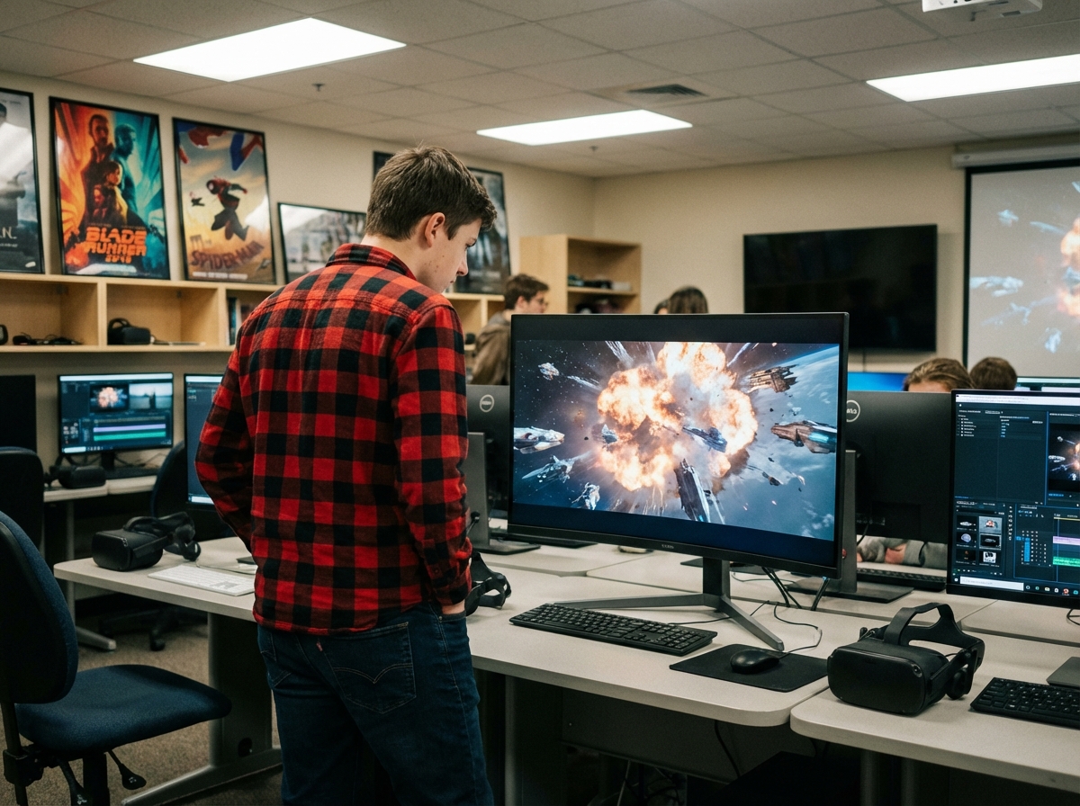 Étudiant observant un écran avec explosion et vaisseaux dans un labo
