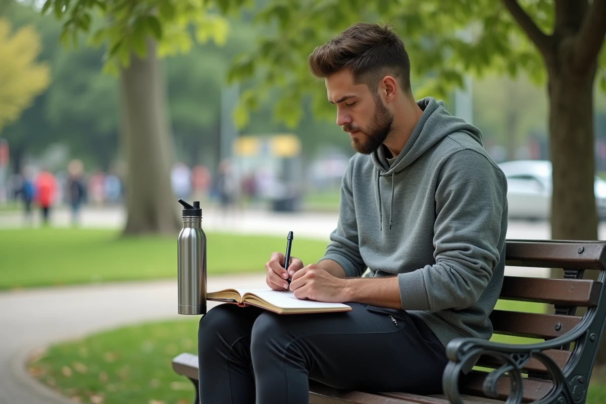 Jeune homme assis sur un banc de parc en train de prendre des notes