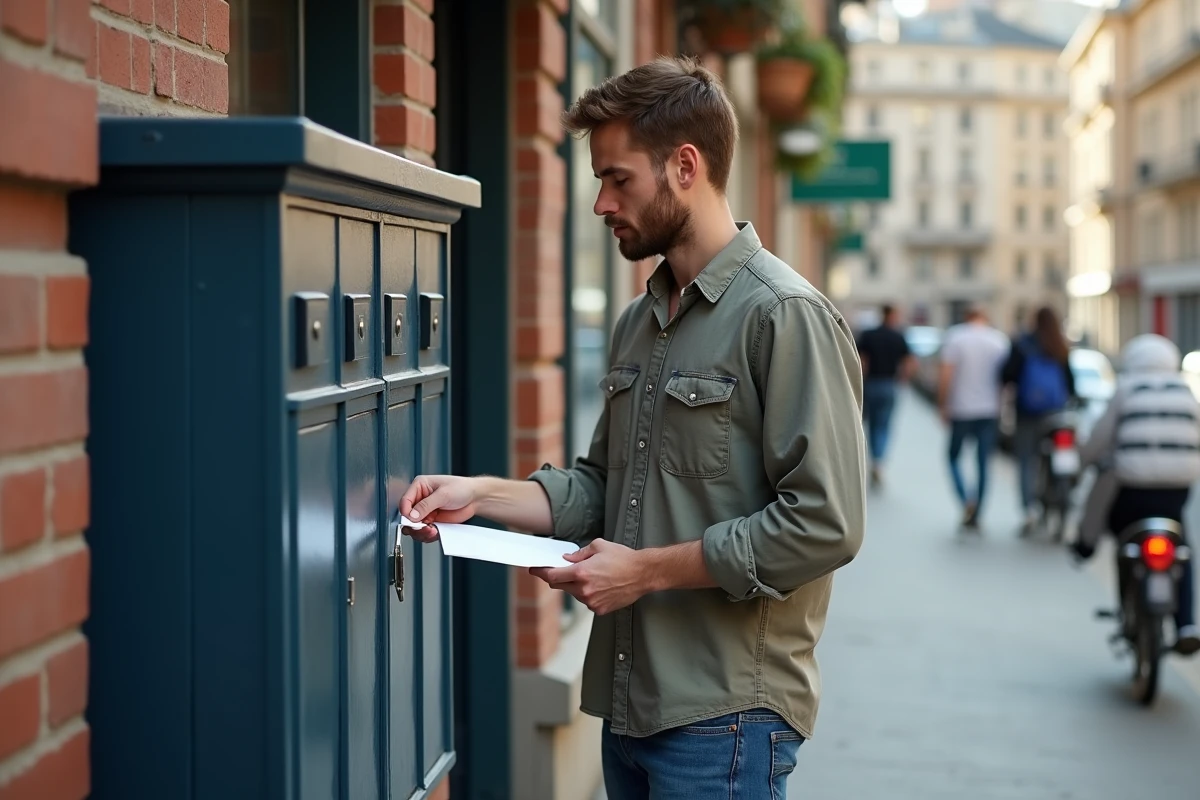 Jeune homme déposant une enveloppe dans une boîte aux lettres