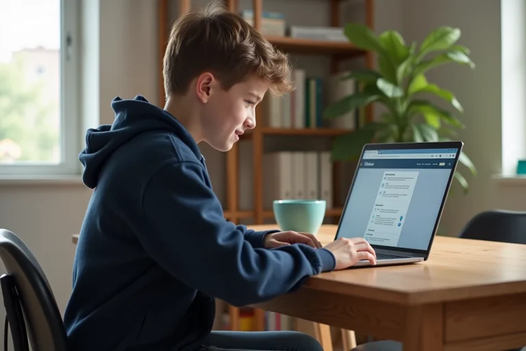 Adolescent concentré sur son ordinateur portable à la maison