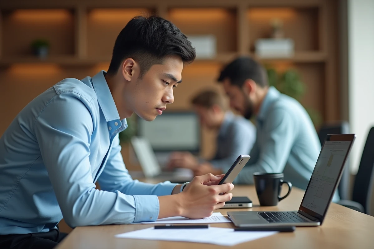 Jeune homme professionnel vérifiant messages sur smartphone au bureau
