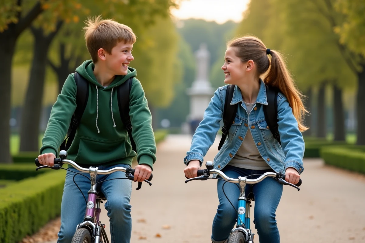 Adolescents à vélo dans un parc de Nantes