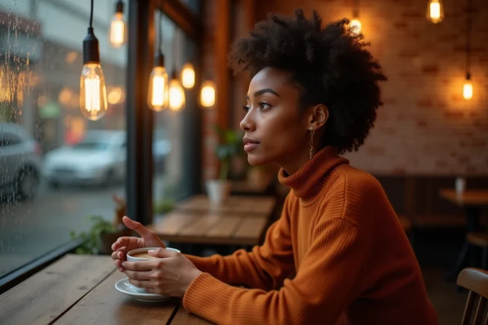 Jeune femme métisse pensive dans un café chaleureux tenant une tasse de café, portrait intimiste illustrant la vie discrète de Katianna Stoermer Coleman loin des projecteurs