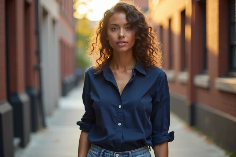 Jeune femme métisse aux cheveux bouclés naturels posant avec assurance sur un trottoir urbain ensoleillé, illustrant le portrait de Katianna Stoermer Coleman