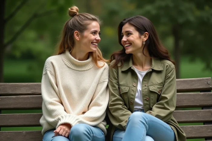 Deux jeunes femmes riant ensemble sur un banc de parc verdoyant, évoquant la complicité fraternelle entre sœurs dans le contexte de la famille de Zendaya