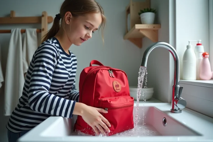 Jeune fille lavant un cartable Kipling rouge dans un évier de buanderie rempli d'eau savonneuse
