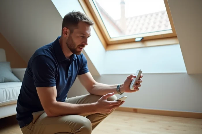 Homme lisant les instructions d'appairage sur le cadre d'une fenêtre Velux dans un salon moderne