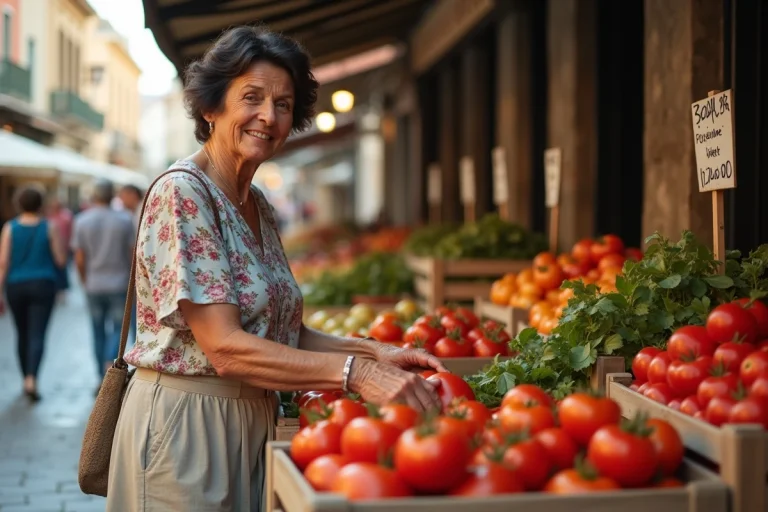 Femme italienne choisissant des tomates au marché de Bordighera