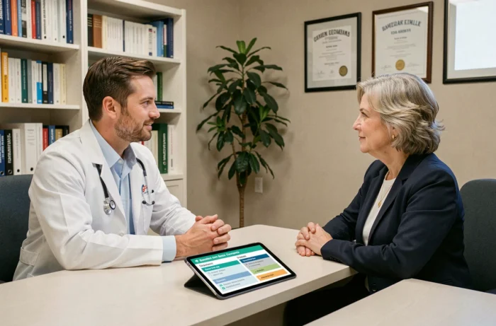 Médecin et patient discutant des options de mutuelle santé professionnelle lors d'une consultation