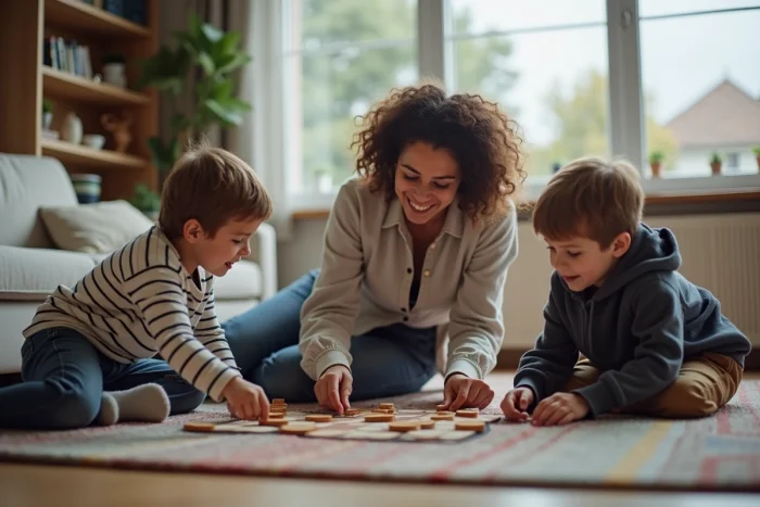 Mère et enfants jouant à un jeu de société sur le sol du salon dans une ambiance familiale détendue
