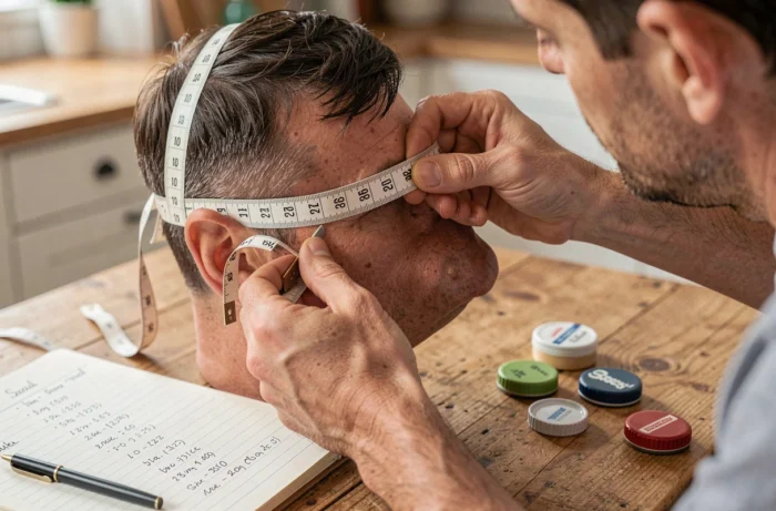 Gros plan sur la mesure du tour de tête d'un homme avec un mètre ruban pour choisir la bonne taille de casquette