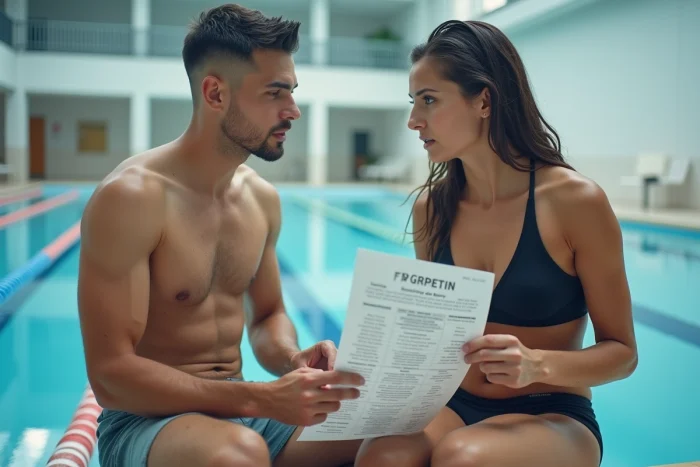 Deux nageurs lisant une infographie sur la densité corporelle et la flottabilité au bord d'une piscine