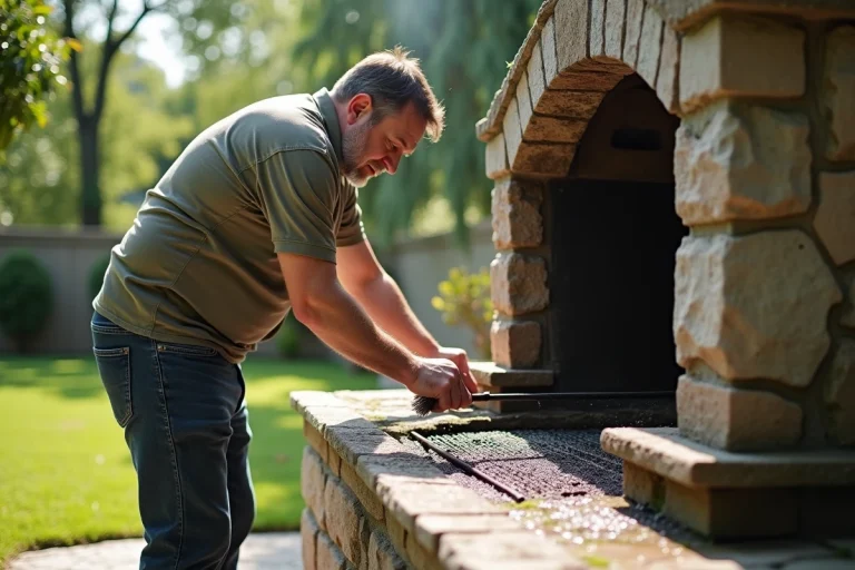 Homme d'âge moyen nettoyant un barbecue en pierre en plein air