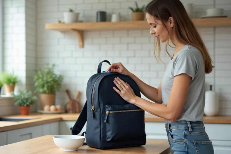 Femme nettoyant un cartable Kipling bleu marine avec une brosse à dents et de l'eau savonneuse sur une table en bois