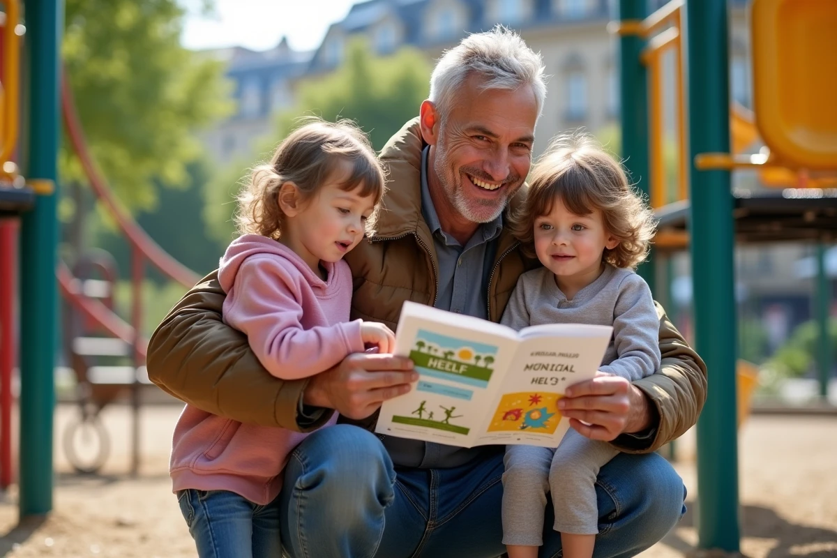 Pere souriant avec ses enfants dans un parc parisien