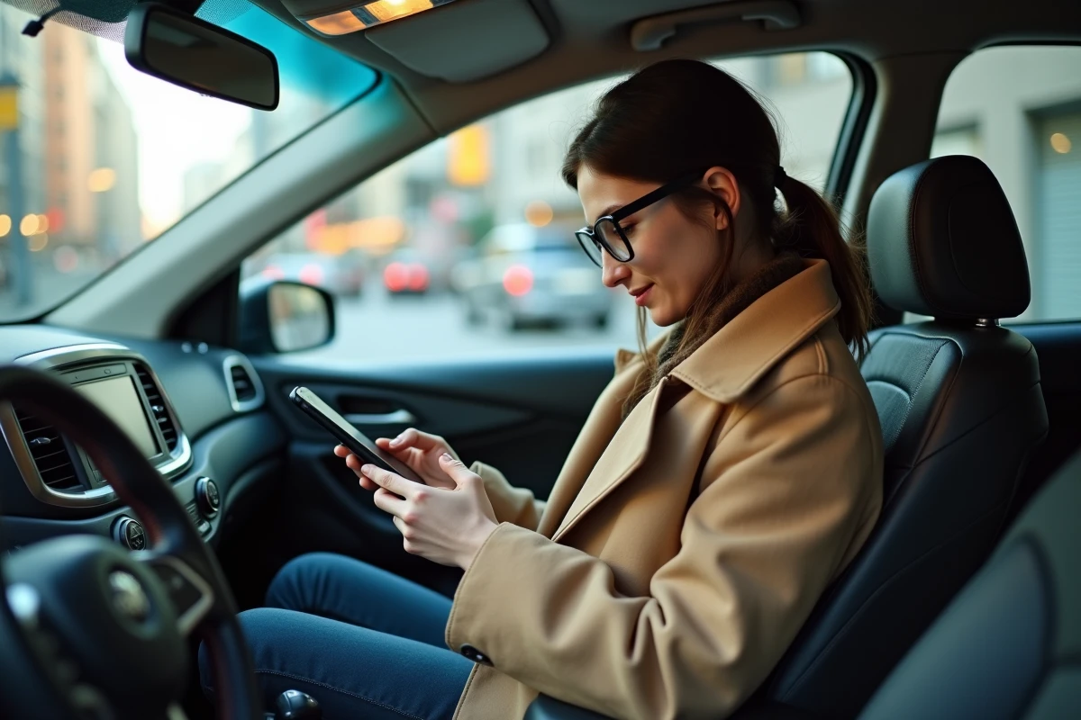 Jeune femme dans le taxi utilisant son smartphone