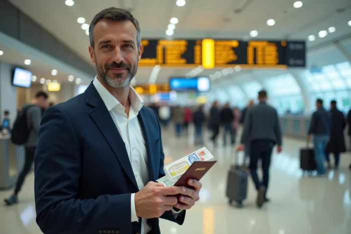 Homme en blazer tenant un passeport rempli de visas dans un aéroport international moderne