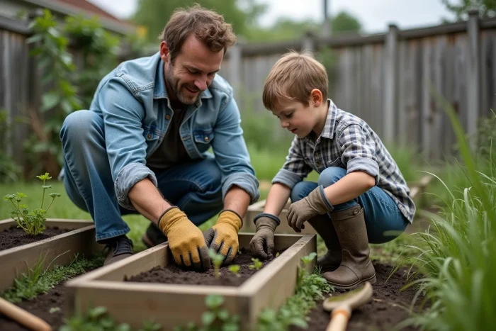 Père et enfant jardinent ensemble dans un potager familial dans une arrière-cour authentique