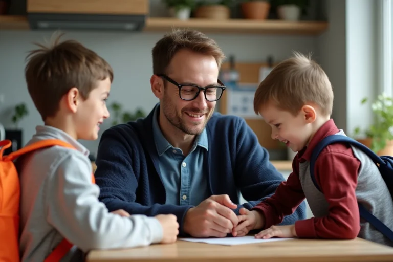 Père avec enfants échangeant des sacs à dos colorés à la maison