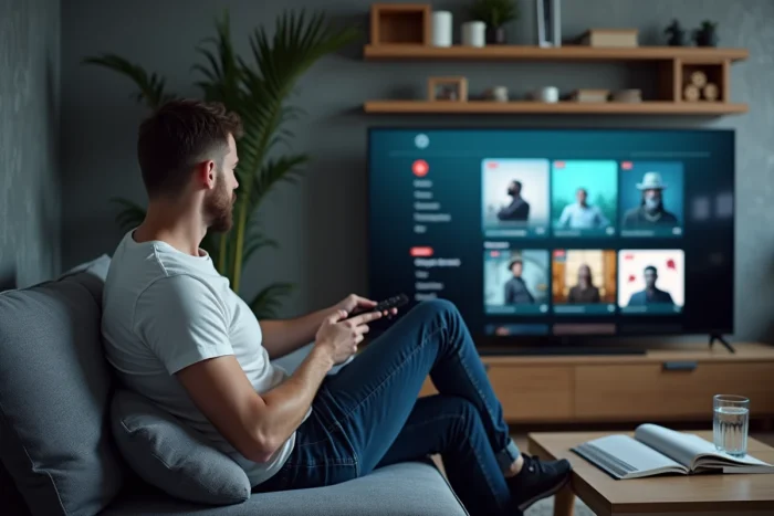 Homme naviguant sur une plateforme de contenu numérique légal depuis son salon avec une télécommande